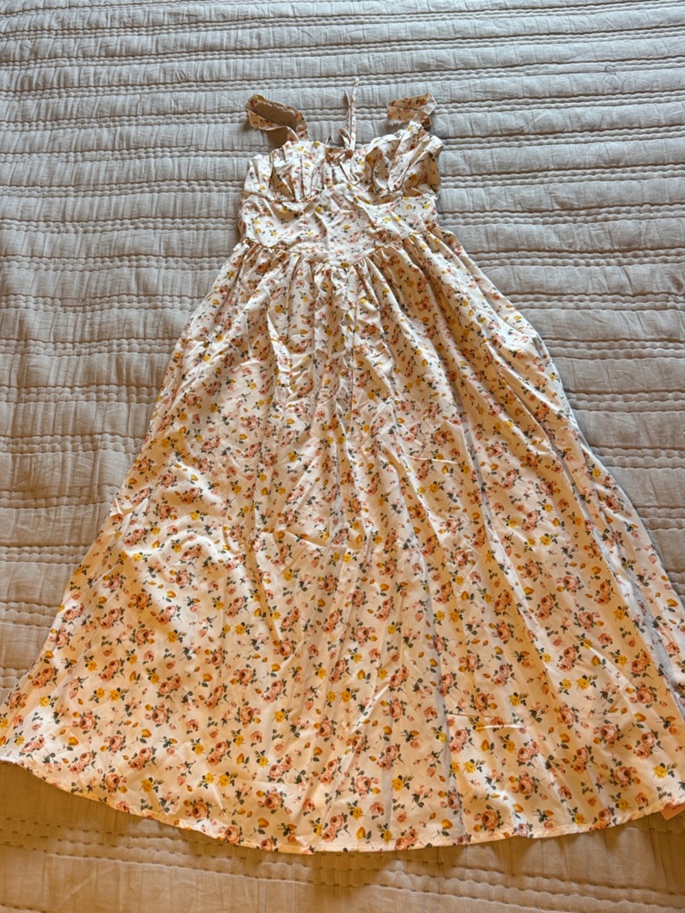 Women’s Floral Sundress in Cream with Pink & Yellow Blossoms, Corset Front